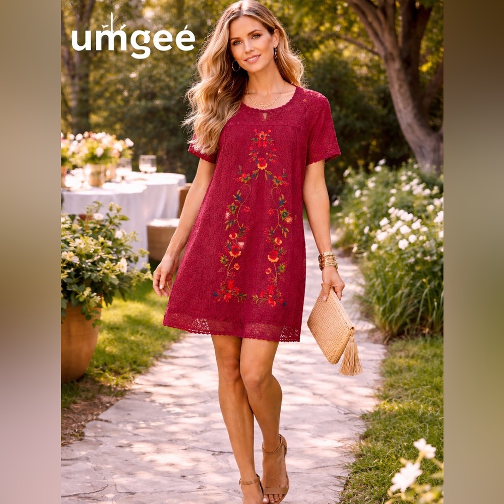 Umgee Boho Embroidered Burgundy Lace Shift Dress Spring Brunch Vacation  Size S